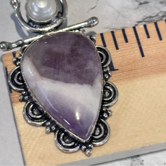 Elegant Artisan Amethyst Pendant Teardrop With Pearl Accent Silver Tone - Picture 7 of 7